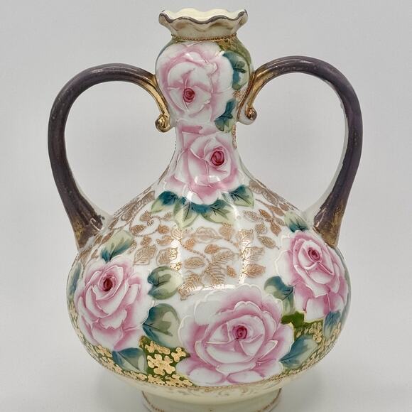 Antique Nippon Pink and Gold Porcelain Vase with Elegant Floral Accents & Gilt - Picture 9 of 12